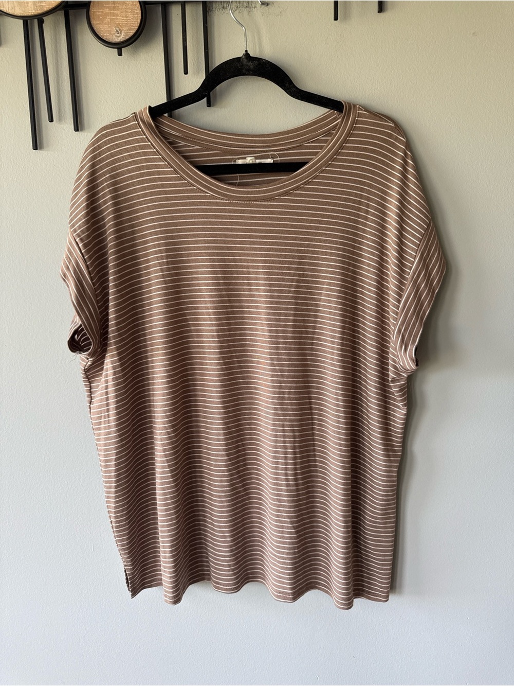 Maurices Brown and White Striped Crewneck Capped Sleeved Tee